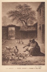 JF Millet Femme Donnant A Manger A Des Oies French Painting Postcard