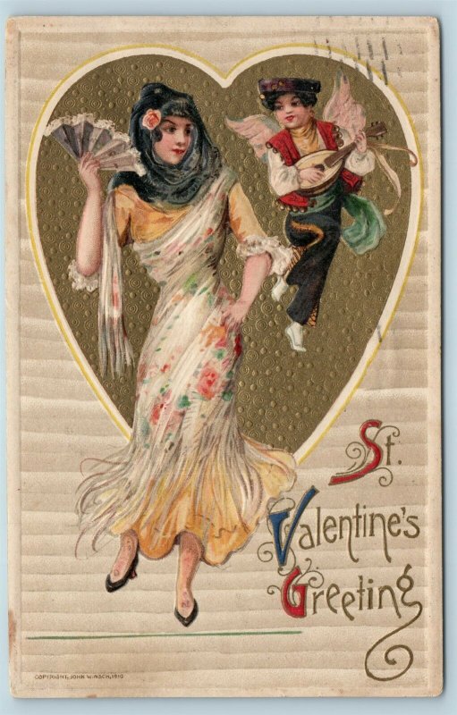 Postcard Valentines Greeting Spanish Dancer Cupid Lute Winsch Schmucker Y11