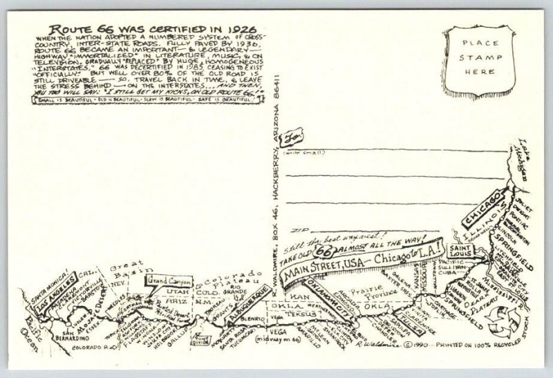 Between Kingman & Oatman Arizona Old Route 66 Signed R. Waldmire 1990 Postcard