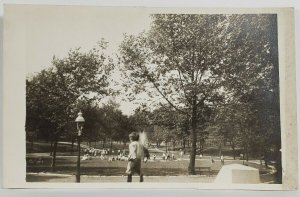 RPPC St Louis Park Children playing Fountain c1910 Lone Wolf Okla Postcard R3