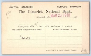 1918 The Line National Bank Limerick ME Confirmation Advertising Postal Card