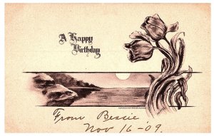 A Happy Birthday 1909 SIgned by Cobb Shinn Birthday Postcard w Flowers Landscape