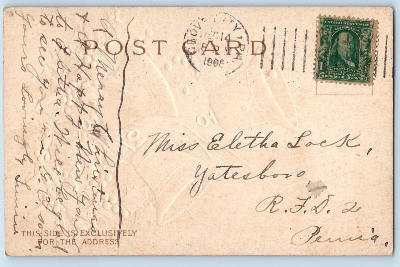 Ellen Clapsaddle Signed Postcard Christmas Ringing Bells Berries Embossed 1908