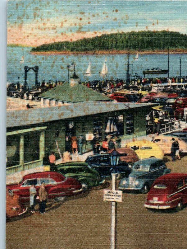 1953 Bar Harbor Maine Municipal Pier Postcard Classic Cars Sailboats