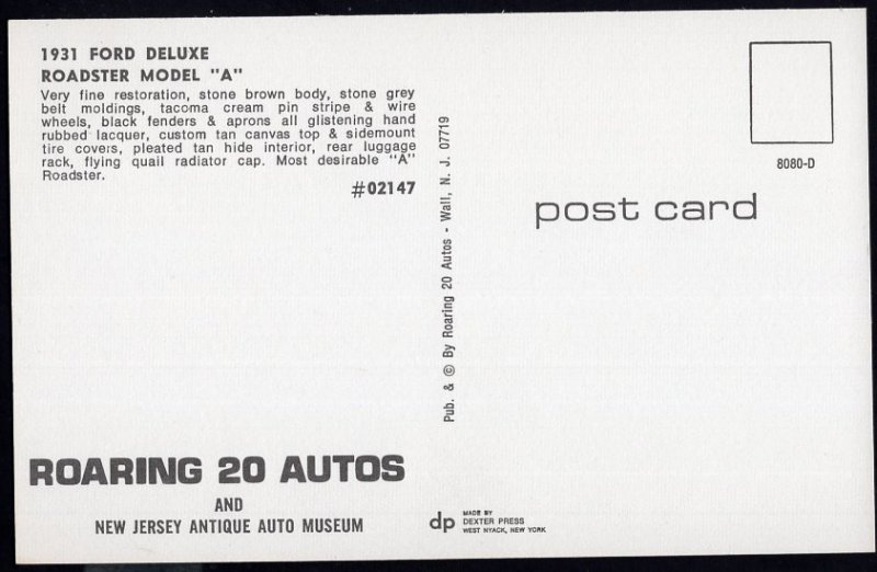 Classic Car Postcard 1931 FORD Deluxe Roadster Model A