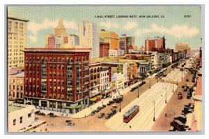 Postcard LA Canal Street Looking West New Orleans Louisiana Antique Cars Trolley