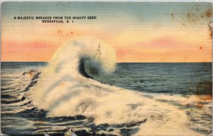 Majestic Breaker Mighty Deep Weekapaug RI Rhode Island Linen Postcard PM Cancel 