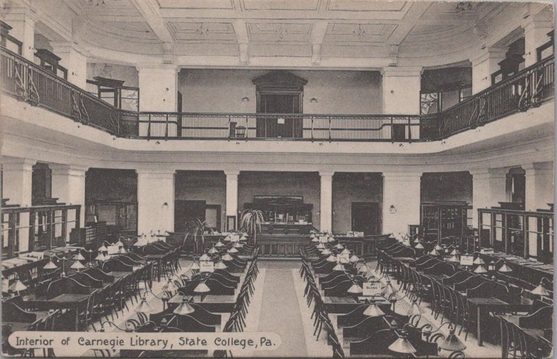 Postcard Interior of Carnegie Library State College PA Penn State