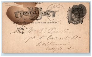 1884 Letter to Mrs. P Preston Indianapolis Indiana IN Baltimore MD Postal Card