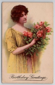 Pretty Woman in Yellow w/ Roses Birthday Greetings Artist Bulkeley Postcard G28