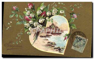 Old Postcard Fantasy Flowers Lily of the valley Heart Boat