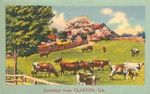 Greetings from Claxton Georgia, Cows, House Linen Postcard Unused