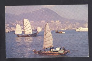 HONG KONG CHINA HARBOR VIEW FISHING BOATS CHINESE VINTAGE POSTCARD