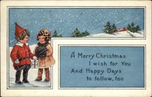 Whitney Christmas Boy and Girl in Snow Storm No. 4 of 6 Vintage Postcard