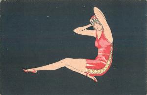 vintage postcard artist to identify Cojocna cancel Romania lady bathing suit