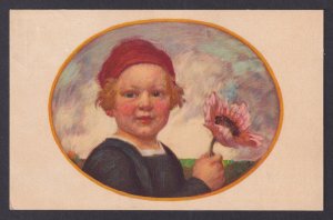 Vinatge postcard GERMANY Painting Child with Red Cap Holding Pink Flower