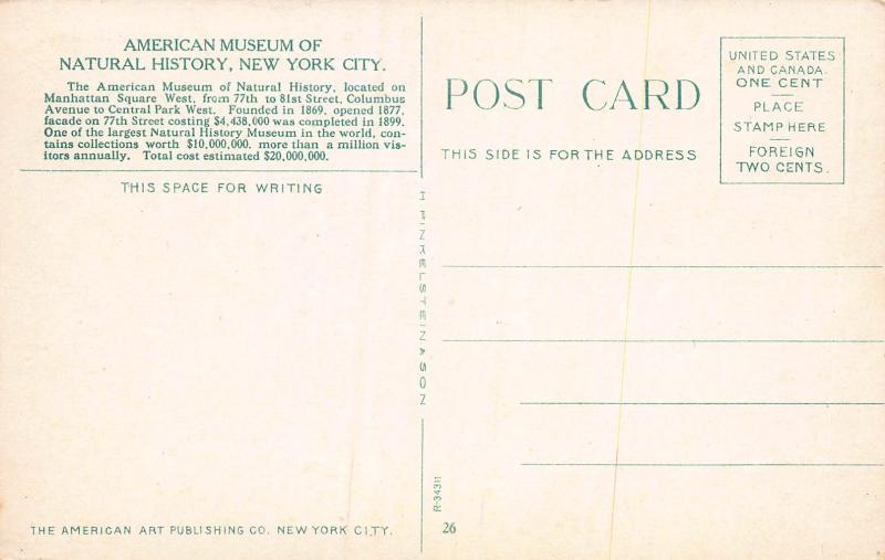 American Museum of Natural History, New York, N.Y., Early Postcard, Unused