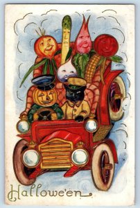 Halloween Anthropomorphic Vegetables Cat JOL Riding Car Embossed Postcard