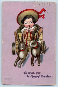 Katharine Gassaway Signed Postcard Easter Rabbit Pulling Wagon With Little Boy