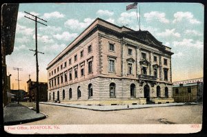 Vintage Postcard 1909 (Old) Post Office, Norfolk, Virginia