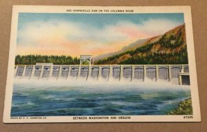 VINT UNUSED .01 LINEN POSTCARD BONNEVILLE DAM, COLUMBIA RIVER BTW WASH & ORE.