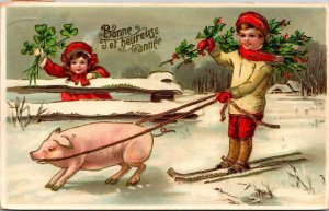 Gel French Happy New Year PC Pig Pulling Boy on Skies Four Leaf Clover Holly