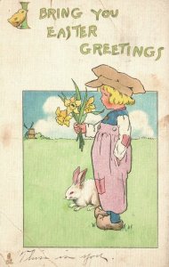 Postcard Bring Easter Greetings Young Boy Carrying Yellow Flowers Rabbit Tuck's