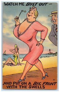 c1910's Woman Big Breast Watch My Bust Out Beach Bathing Antique Postcard