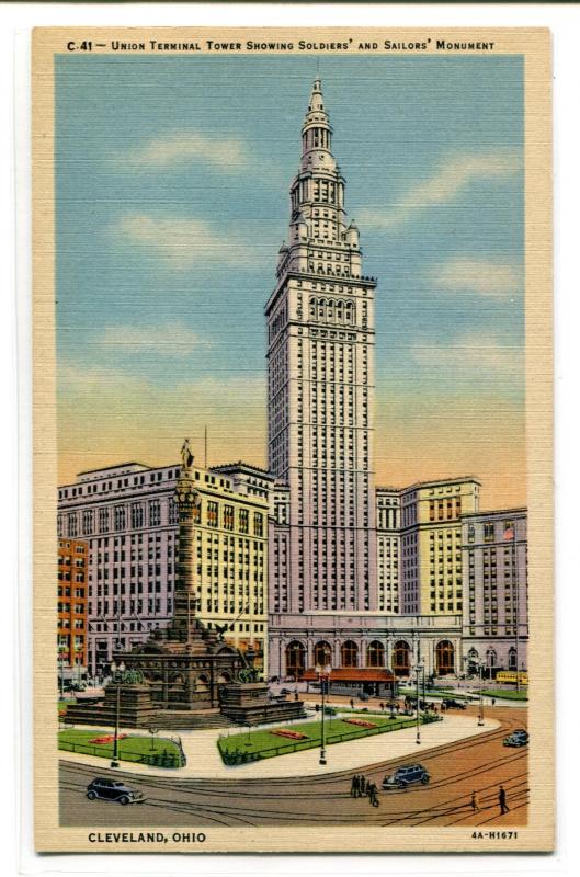 Union Terminal Tower Soldier Sailor Monument Cleveland Ohio linen postcard