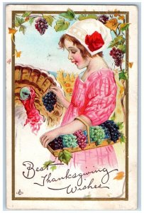 1913 Thanksgiving Wishes Girl Feeding Turkey Grapes Embossed Antique Postcard