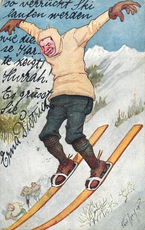 Austria winter sports skiing man comic caricature ski jump 1909 postcard