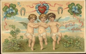 Cupids Arm in Arm Dancing in Clovers c1910 Valentine Postcard