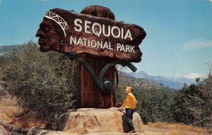 SEQUOIA NATIONAL PARK Wood Indian Sign Roadside Ash Mtn 1957 Vintage Postcard