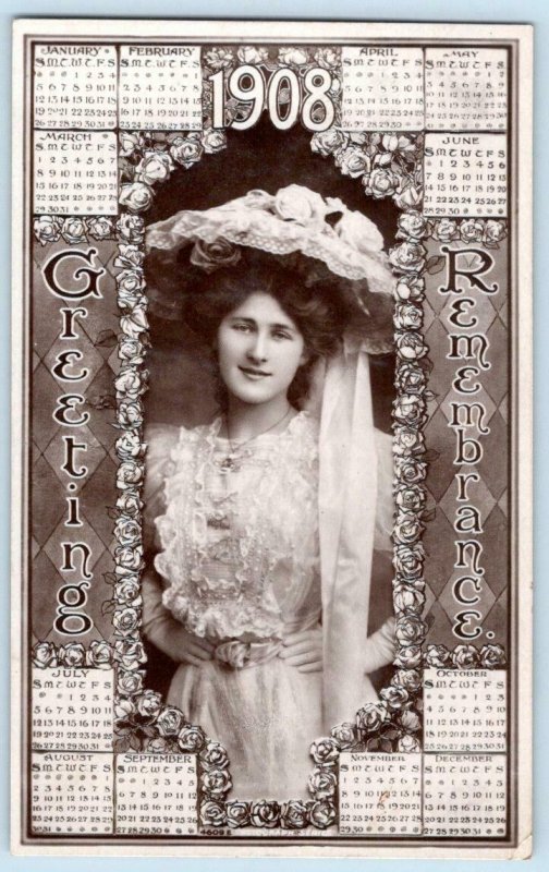 1908 RPPC ROTOGRAPH CALENDAR GIRL GREETINGS REMEMBRANCE*TO DELMAR DELAWARE