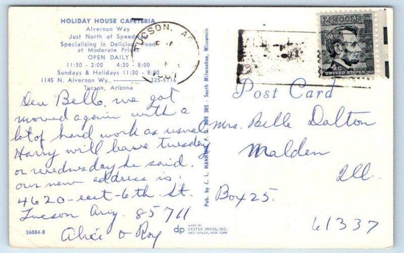 TUCSON, AZ Arizona ~ HOLIDAY HOUSE CAFETERIA ~ 1967 Roadside  Postcard