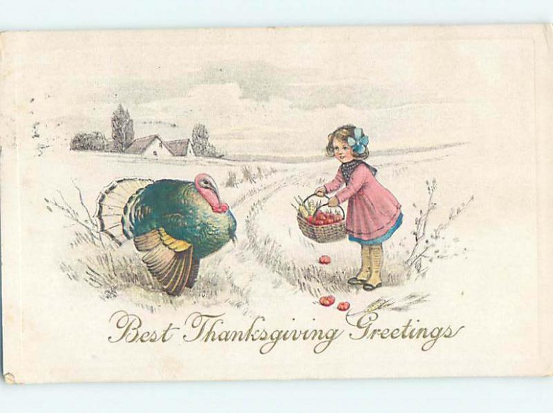 Pre-Linen thanksgiving CUTE GIRL SHOWS TURKEY HER WICKER BASKET HQ7469