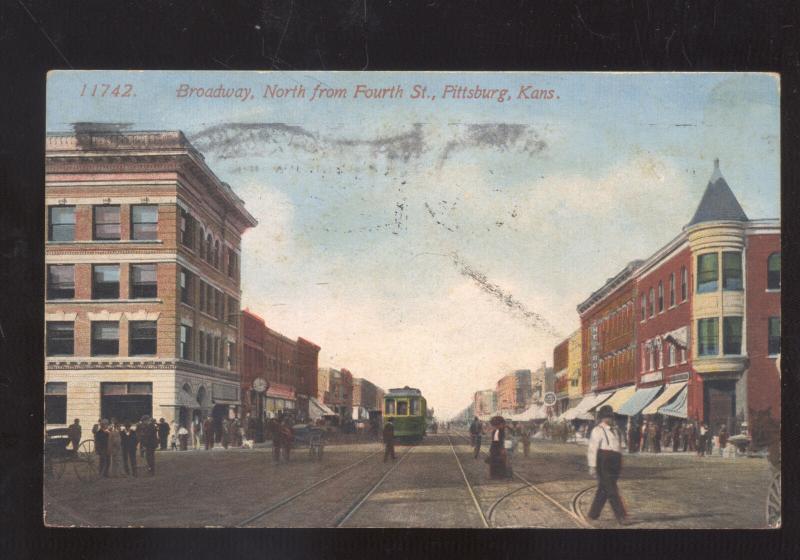 PITTSBURG KANSAS DOWNTOWN BROADWAY STREET SCENE ANTIQUE VINTAGE POSTCARD