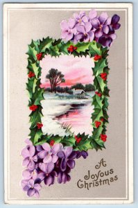 Fairfield Iowa IA Postcard Christmas Flowers Holly Berries Winter Scene Embossed