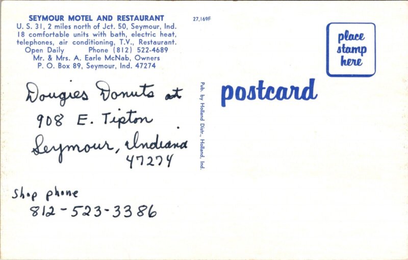 Postcard Seymour Motel and Restaurant on U.S. 31 in Seymour, Indiana