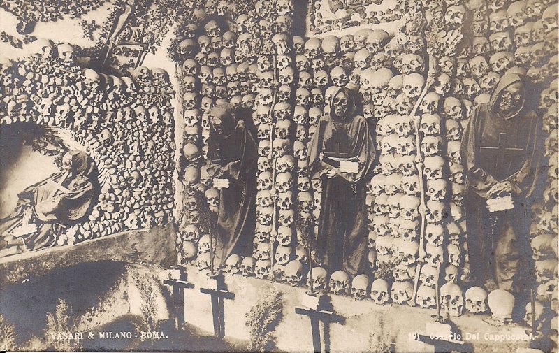 RPPC Italy, Milan, Monks' Wall of Skulls, Skeletons, Catacombs, ca. 1910, Eerie