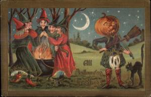 Halloween JOL Head Man Scottish Kilt & Witches c1910 Postcard