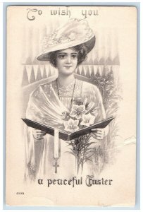 1913 Easter Pretty Woman Big Hat Book Flowers Cranford New Jersey NJ Postcard 