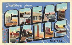 Montana MT   GREAT FALLS LARGE LETTER LINEN Greetings   ca1940's Postcard