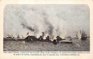 FIRST NAVAL CONFLICT HAMPTON ROADS VIRGINIA CIVIL WAR MILITARY POSTCARD (c.1910)