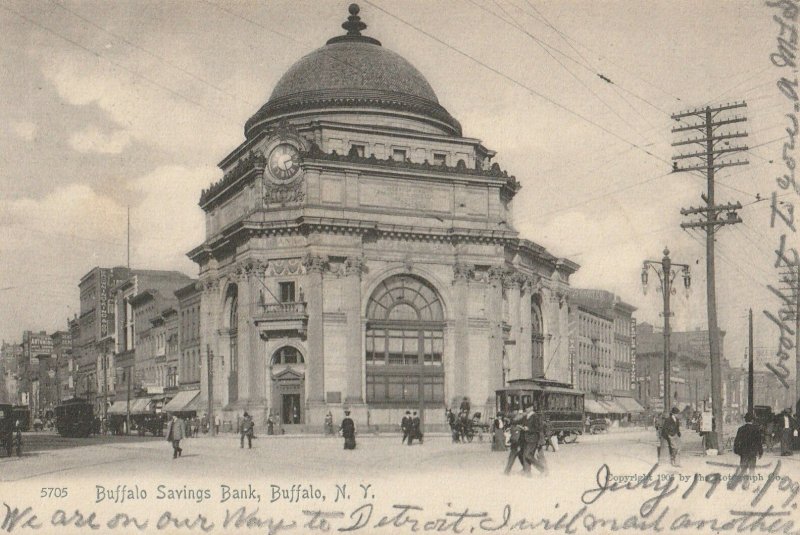 VINTAGE POSTCARD BUFFALO SAVINGS BANK AND STREET SCENE BUFFALO NY 1909 MINT