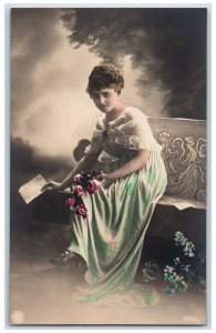 c1910's Pretty Woman Flowers Studio Portrait RPPC Photo Antique Postcard 