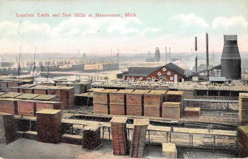 Menominee Michigan Lumber Yard and Saw Mills Logging Vintage Postcard JI658604