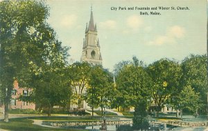 Bath Maine City Park Fountain & Winter St Church 1926  Litho Postcard Used