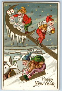 c1910's New Year Elf Gnomes Stealing Coins Sacks Winter Scene Embossed Postcard