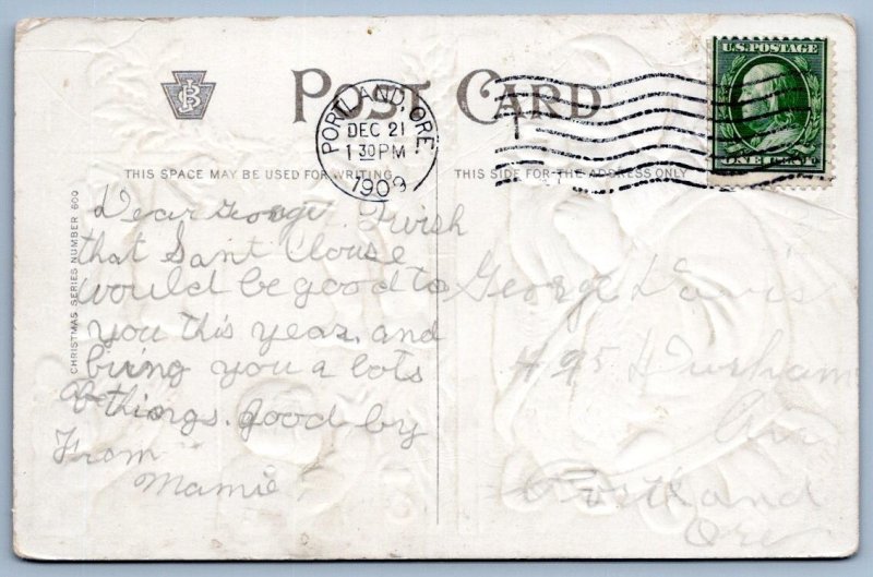 1909 SANTA CLAUS CHRISTMAS CHEER STOCKINGS FIREPLACE EMBOSSED JULIUS BIEN CO